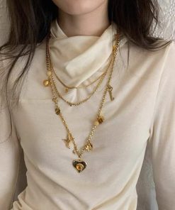 Trendy Two-Tone Layered Heart Necklace - Gold & Silver Gemstone Metal Clavicle Chain, Niche Style Sweater Accessory