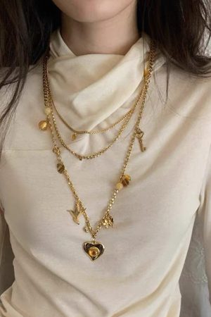 Trendy Two-Tone Layered Heart Necklace - Gold & Silver Gemstone Metal Clavicle Chain, Niche Style Sweater Accessory