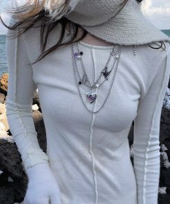 Trendy Two-Tone Layered Heart Necklace - Gold & Silver Gemstone Metal Clavicle Chain, Niche Style Sweater Accessory