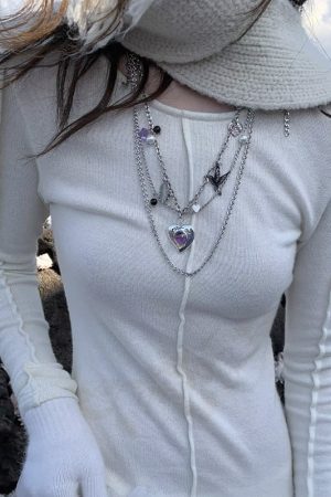 Trendy Two-Tone Layered Heart Necklace - Gold & Silver Gemstone Metal Clavicle Chain, Niche Style Sweater Accessory