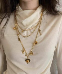 Trendy Two-Tone Layered Heart Necklace - Gold & Silver Gemstone Metal Clavicle Chain, Niche Style Sweater Accessory