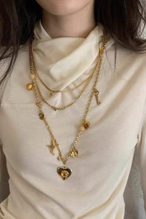 Trendy Two-Tone Layered Heart Necklace - Gold & Silver Gemstone Metal Clavicle Chain, Niche Style Sweater Accessory