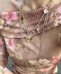 Trendy Two-Tone Layered Heart Necklace - Gold & Silver Gemstone Metal Clavicle Chain, Niche Style Sweater Accessory