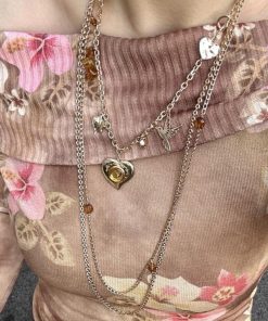 Trendy Two-Tone Layered Heart Necklace - Gold & Silver Gemstone Metal Clavicle Chain, Niche Style Sweater Accessory