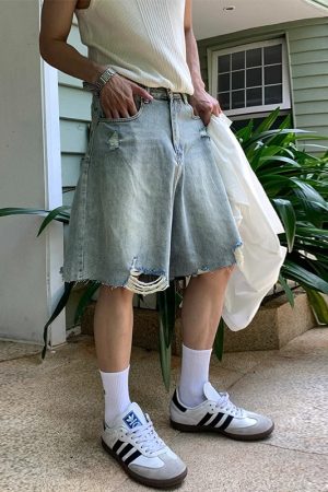 Trendy Vintage-Inspired Summer Ripped Distressed Denim Shorts for Men - Casual Loose Fit Five-Point High Street Style