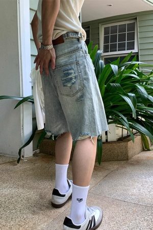 Trendy Vintage-Inspired Summer Ripped Distressed Denim Shorts for Men - Casual Loose Fit Five-Point High Street Style