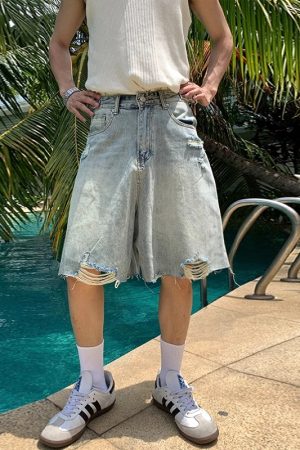 Trendy Vintage-Inspired Summer Ripped Distressed Denim Shorts for Men - Casual Loose Fit Five-Point High Street Style