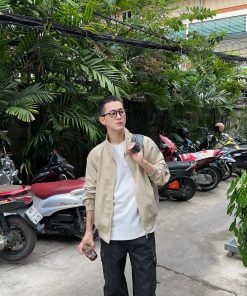 Trendy Vintage Khaki Motorcycle Jacket - American Style Workwear with Stand Collar, Windproof Spring Coat for Casual Wear