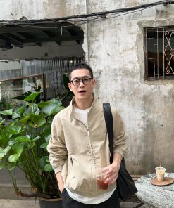 Trendy Vintage Khaki Motorcycle Jacket - American Style Workwear with Stand Collar, Windproof Spring Coat for Casual Wear