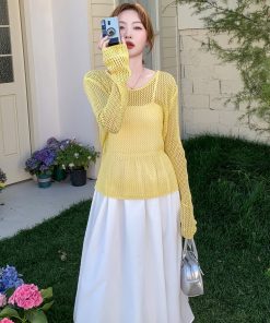 Trendy White Camisole Dress with Hollow-Out Cover-Up - Unique Travel Outfit for Summer, Beach, and Y2K Style