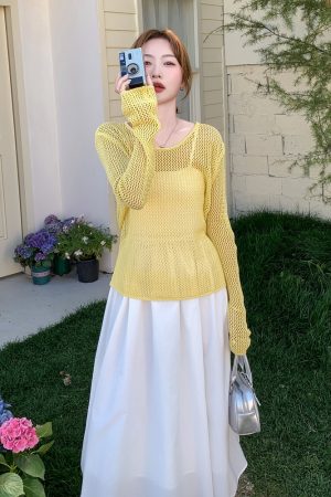 Trendy White Camisole Dress with Hollow-Out Cover-Up - Unique Travel Outfit for Summer, Beach, and Y2K Style
