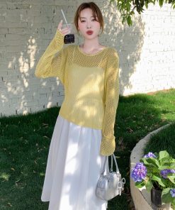 Trendy White Camisole Dress with Hollow-Out Cover-Up - Unique Travel Outfit for Summer, Beach, and Y2K Style