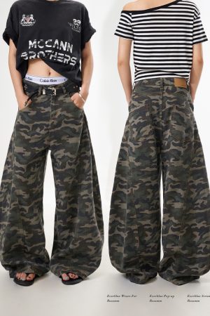 Trendy Women's American Camouflage Wide-Leg Pants with Draping Effect - Retro Loose Fit for a Slimming Casual Look