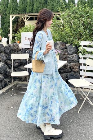 Trendy Women's Floral Dress and Knitted Cardigan Two-Piece Set - Spring Fashion, Chic Style, Perfect for 90s and Y2K Looks