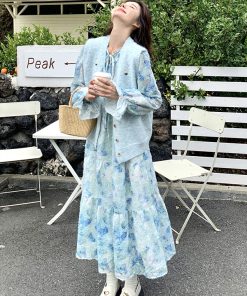 Trendy Women's Floral Dress and Knitted Cardigan Two-Piece Set - Spring Fashion, Chic Style, Perfect for 90s and Y2K Looks