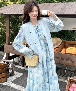 Trendy Women's Floral Dress and Knitted Cardigan Two-Piece Set - Spring Fashion, Chic Style, Perfect for 90s and Y2K Looks