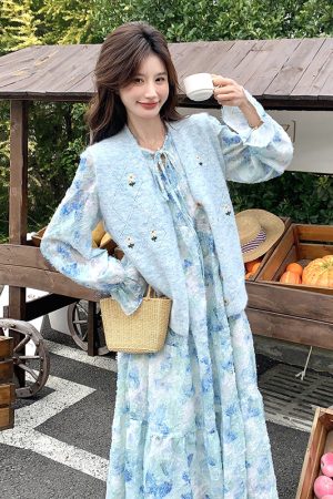 Trendy Women's Floral Dress and Knitted Cardigan Two-Piece Set - Spring Fashion, Chic Style, Perfect for 90s and Y2K Looks