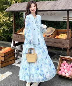 Trendy Women's Floral Dress and Knitted Cardigan Two-Piece Set - Spring Fashion, Chic Style, Perfect for 90s and Y2K Looks