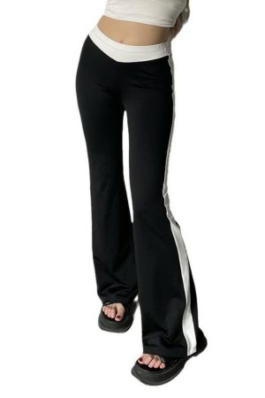 Trendy Women's High-Waisted Striped Color-Block Flared Pants - American Style Slim Fit for Casual Autumn Streetwear