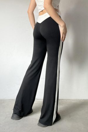 Trendy Women's High-Waisted Striped Color-Block Flared Pants - American Style Slim Fit for Casual Autumn Streetwear