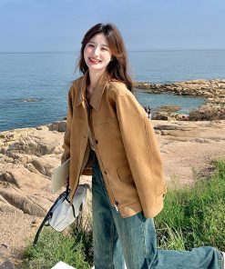 Trendy Women's Khaki Coat - Cute Short Jacket for Spring & Autumn 2025, Youthful Style, Fashionable Outerwear