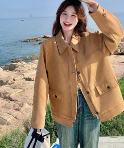 Trendy Women's Khaki Coat - Cute Short Jacket for Spring & Autumn 2025, Youthful Style, Fashionable Outerwear