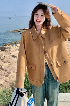 Trendy Women's Khaki Coat - Cute Short Jacket for Spring & Autumn 2025, Youthful Style, Fashionable Outerwear