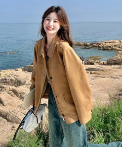 Trendy Women's Khaki Coat - Cute Short Jacket for Spring & Autumn 2025, Youthful Style, Fashionable Outerwear