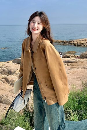 Trendy Women's Khaki Coat - Cute Short Jacket for Spring & Autumn 2025, Youthful Style, Fashionable Outerwear