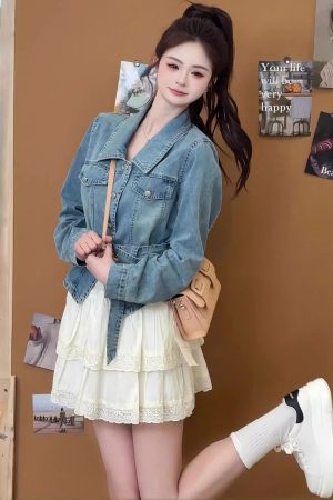 Trendy Women's Korean Style Two-Piece Set: Denim Jacket & Cake Skirt for Early Spring Fashion 2025