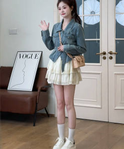 Trendy Women's Korean Style Two-Piece Set: Denim Jacket & Cake Skirt for Early Spring Fashion 2025
