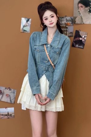 Trendy Women's Korean Style Two-Piece Set: Denim Jacket & Cake Skirt for Early Spring Fashion 2025
