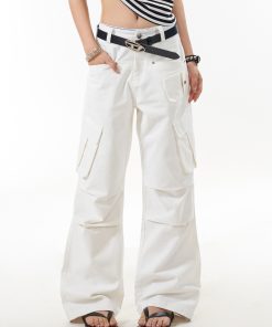 Trendy Women's Multi-Pocket Pleated Cargo Pants - Loose Straight-Leg Slim Fit Casual Trousers for European and American Style