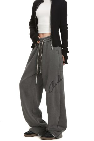 Trendy Women's Vintage Embroidered Hip-Hop Sweatpants, American Street Dance Style, Draped Sports Pants for a Cool Look