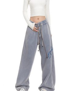 Trendy Women's Vintage Embroidered Hip-Hop Sweatpants, American Street Dance Style, Draped Sports Pants for a Cool Look