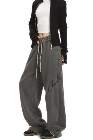 Trendy Women's Vintage Embroidered Hip-Hop Sweatpants, American Street Dance Style, Draped Sports Pants for a Cool Look
