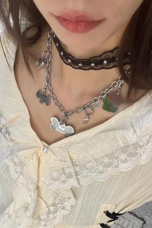 Trendy Y2K Lace Choker Necklace - Layered Metal Neck Chain with Dog Bone Clavicle Design for Sweet Cool Girl Style