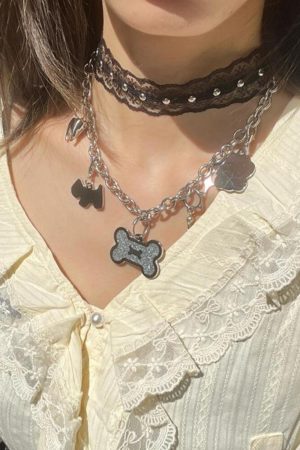 Trendy Y2K Lace Choker Necklace - Layered Metal Neck Chain with Dog Bone Clavicle Design for Sweet Cool Girl Style