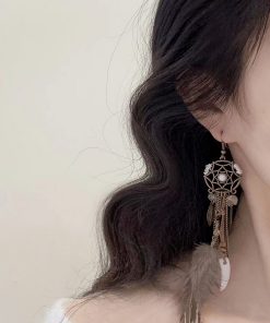 Tribal Princess Brown Feather Vintage Long Earrings - Women's Ethnic Ear Clips, Boho Chic Accessories for a Unique Look