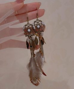 Tribal Princess Brown Feather Vintage Long Earrings - Women's Ethnic Ear Clips, Boho Chic Accessories for a Unique Look