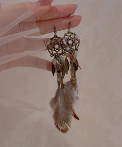 Tribal Princess Brown Feather Vintage Long Earrings - Women's Ethnic Ear Clips, Boho Chic Accessories for a Unique Look