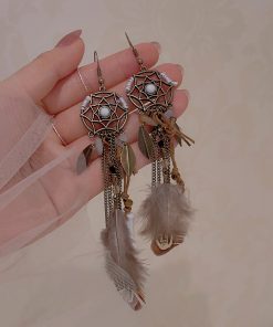 Tribal Princess Brown Feather Vintage Long Earrings - Women's Ethnic Ear Clips, Boho Chic Accessories for a Unique Look