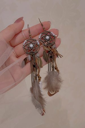Tribal Princess Brown Feather Vintage Long Earrings - Women's Ethnic Ear Clips, Boho Chic Accessories for a Unique Look