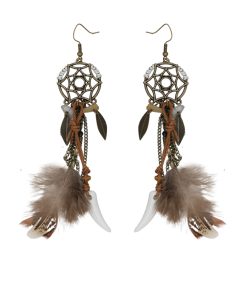 Tribal Princess Brown Feather Vintage Long Earrings - Women's Ethnic Ear Clips, Boho Chic Accessories for a Unique Look