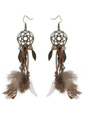 Tribal Princess Brown Feather Vintage Long Earrings - Women's Ethnic Ear Clips, Boho Chic Accessories for a Unique Look