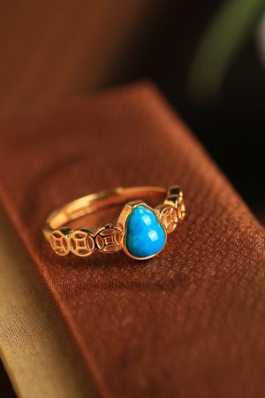 Turquoise and Silver Open Copper Coin Gourd Ring for Women, Chinese Style Good Luck Jewelry with Blue Gold Inlaid Jade, Unique Design