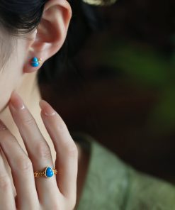 Turquoise and Silver Open Copper Coin Gourd Ring for Women, Chinese Style Good Luck Jewelry with Blue Gold Inlaid Jade, Unique Design