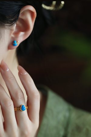Turquoise and Silver Open Copper Coin Gourd Ring for Women, Chinese Style Good Luck Jewelry with Blue Gold Inlaid Jade, Unique Design