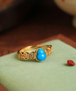 Turquoise and Silver Open Copper Coin Gourd Ring for Women, Chinese Style Good Luck Jewelry with Blue Gold Inlaid Jade, Unique Design