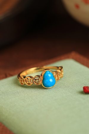 Turquoise and Silver Open Copper Coin Gourd Ring for Women, Chinese Style Good Luck Jewelry with Blue Gold Inlaid Jade, Unique Design